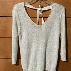 Jennifer Lopez Cream V-Neck Knit Sweater with Back Tie